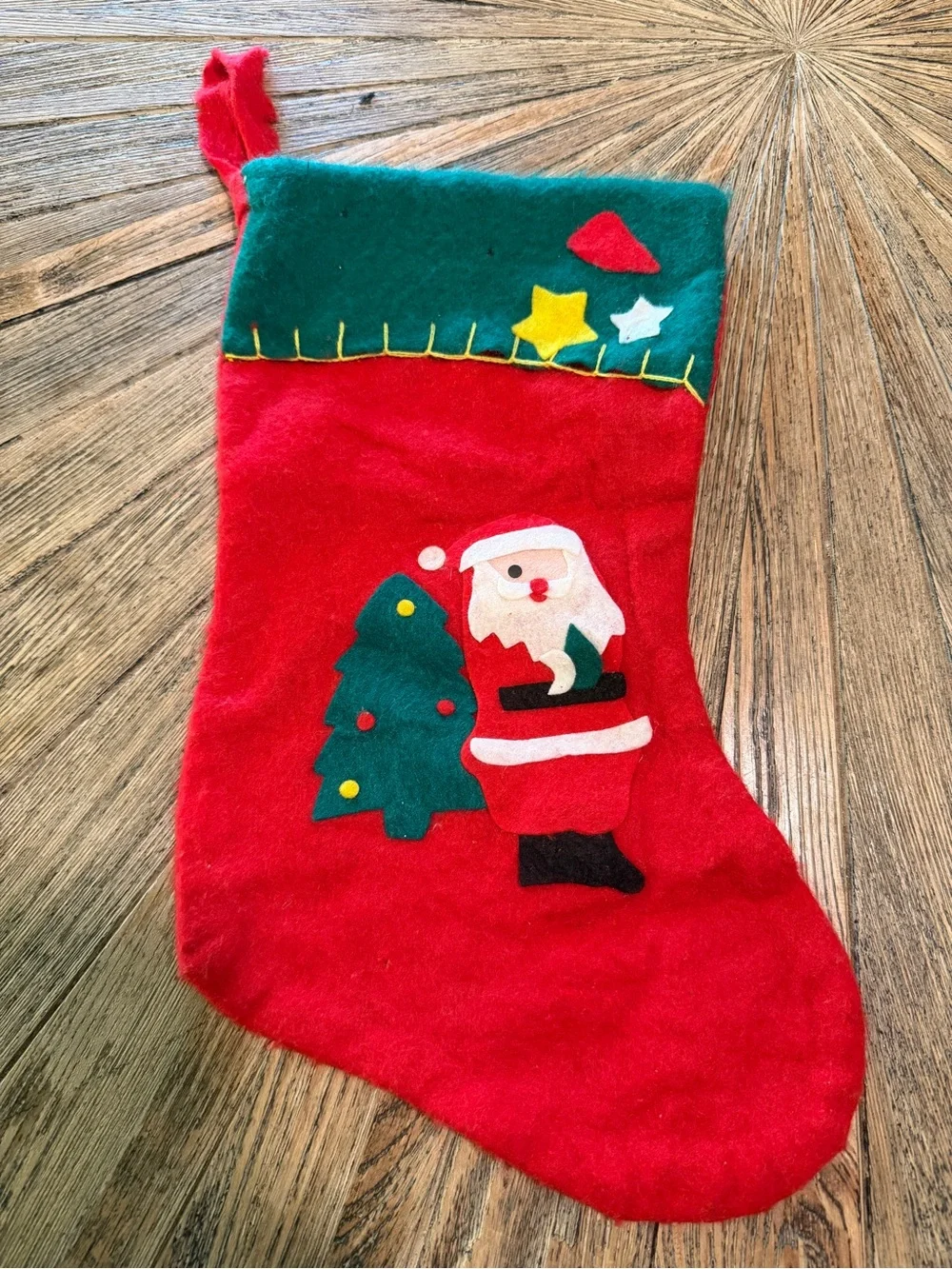 Pair of vintage felt appliqué Christmas stockings snowman and Santa